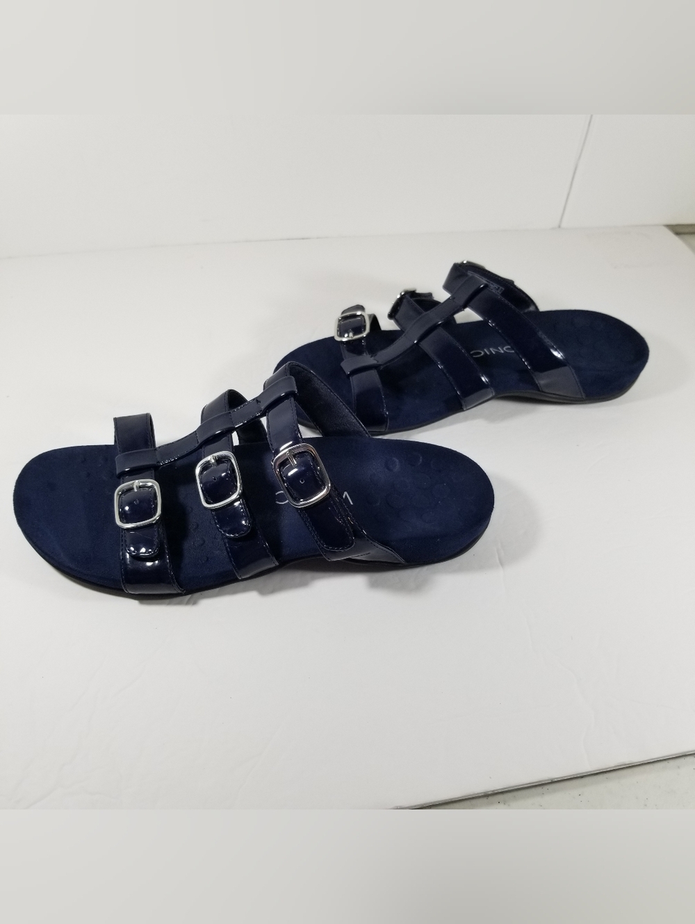 Vionic Misa Slides Sandals Women's Size 10 Blue Patent Leather Silver Buckle